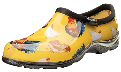 Sloggers Wasserdichter Gartenschuh für Damen,Outdoor Slip-On Regen und Garten Clogs mit Premium Comfort Stütz-Innensohle, (Classic Chicken Yellow), (Größe 42), Klassischer Hühner-Druck, Gelb, 40.5 EU von Sloggers