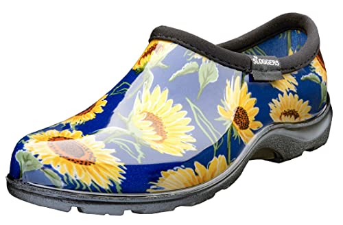 Sloggers Wasserdichter Gartenschuh für Damen - Outdoor Slip-On Regen und Garten Clogs mit Premium Comfort Stütz-Innensohle, (Sun Flower Blue), (Größe 40) von Sloggers