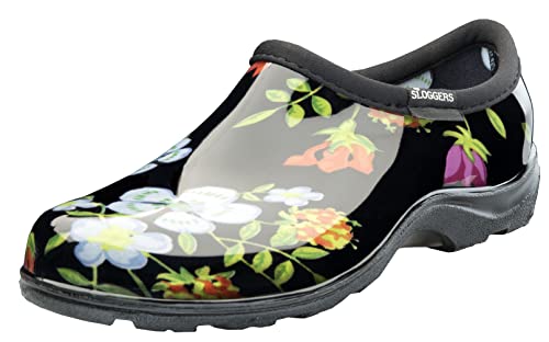 Sloggers Wasserdichter Gartenschuh für Damen - Outdoor Slip-On Regen und Garten Clogs mit Premium Comfort Support Innensohle, (Meadow Black), (Größe 39) von Sloggers