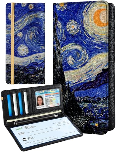 Slohif Scheckbuchhülle für persönliche doppelte Schecks – Leder Scheckbuch Brieftasche Halter für Damen, Nachtmalerei, Classic von Slohif