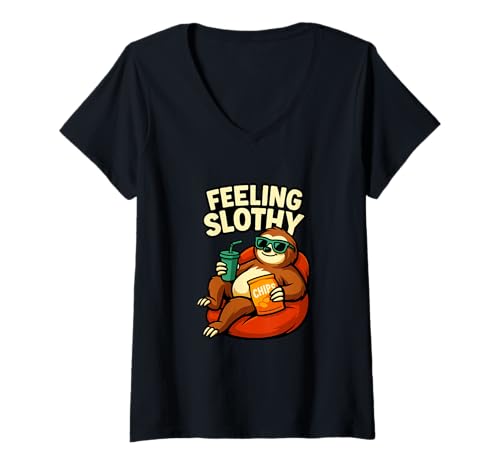 Damen Lustiges Faultier entspannender Snack Drink Humor T-Shirt mit V-Ausschnitt von Sloth Chill Relax Humor Snack Apparel