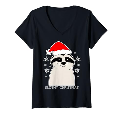Damen Faultier Weihnachtsmannmütze Faultier Geist Tier Xmas Kostüm T-Shirt mit V-Ausschnitt von Sloth Christmas Designs