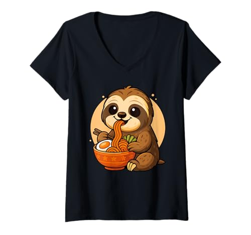 Damen Kawaii Faultier Essen Ramen Grafik Japanisches Faultier Grafik T-Shirt mit V-Ausschnitt Damen Kawaii Faultier Essen Ramen Grafik Japanisches Faultier Grafik T-Shirt mit V-Ausschnitt von Sloth Eating Ramen Funny Japanese Kawaii Design