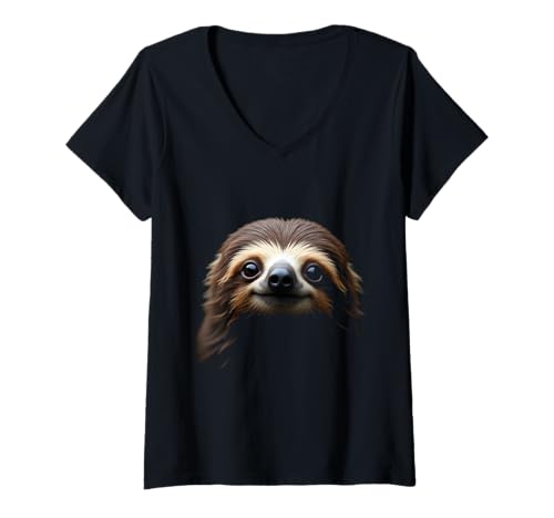 Damen Faultier Kopf Wildtier Wald Tropen Kunst T-Shirt mit V-Ausschnitt Damen Faultier Kopf Wildtier Wald Tropen Kunst T-Shirt mit V-Ausschnitt von Sloth Fun Designs