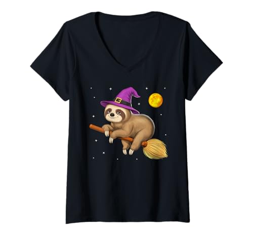 Damen Faultier Hexe auf Besen reitend Halloween Gruselig T-Shirt mit V-Ausschnitt von Sloth Funny Sloth Lover
