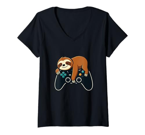 Damen Lustiger Faultier Gaming Controller Lazy Gamer Grafik T-Shirt mit V-Ausschnitt Damen Lustiger Faultier Gaming Controller Lazy Gamer Grafik T-Shirt mit V-Ausschnitt von Sloth Gaming Humor Funny Gamer Lifestyle Apparel