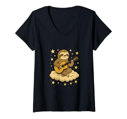 Damen Faultier spielt Gitarre Cloud Star Art T-Shirt mit V-Ausschnitt Damen Faultier spielt Gitarre Cloud Star Art T-Shirt mit V-Ausschnitt von Sloth Guitar Music Nighttime Chill Vibes
