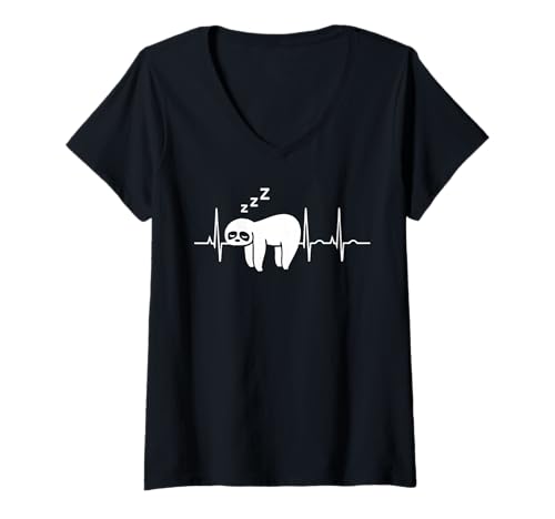 Damen Sloth Sleeping Heartbeat Cool Sloth T-Shirt mit V-Ausschnitt Damen Sloth Sleeping Heartbeat Cool Sloth T-Shirt mit V-Ausschnitt von Sloth Heartbeat EKG Apparel