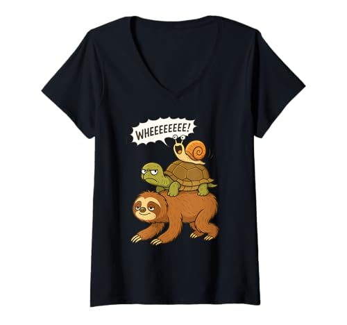 Damen Faultier, Schildkröte und Schnecke | Lustiges Tier | Jungen, Mädchen, Kinder T-Shirt mit V-Ausschnitt von Sloth Lover Themed Gifts, Graphics & Apparel