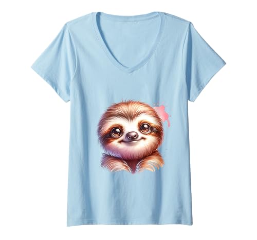 Damen Niedliches Faultier-Design für Kinder und Träumer T-Shirt mit V-Ausschnitt von Sloth Lovers Birthday Designs for Kids