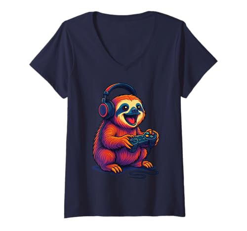Damen Netter Faultier-Videospiel-Controller Lustiger Gamer T-Shirt mit V-Ausschnitt Damen Netter Faultier-Videospiel-Controller Lustiger Gamer T-Shirt mit V-Ausschnitt von Sloth Mode On
