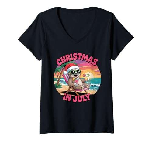 Damen Christmas in July Sloth Island Tropical Holiday T-Shirt mit V-Ausschnitt Damen Christmas in July Sloth Island Tropical Holiday T-Shirt mit V-Ausschnitt von Sloth Santa Tropical Holiday Beach Party