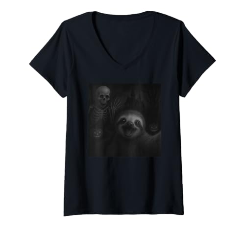 Damen Sloth Selfie with Skeleton Halloween Funny T-Shirt mit V-Ausschnitt Damen Sloth Selfie with Skeleton Halloween Funny T-Shirt mit V-Ausschnitt von Sloth Selfie With Skeleton Funny Apparel