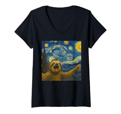 Damen Faultier Selfie Inside Van Gogh's Starry Night Art Lover T-Shirt mit V-Ausschnitt von Sloth Selfies Van Gogh Starry Night Co.