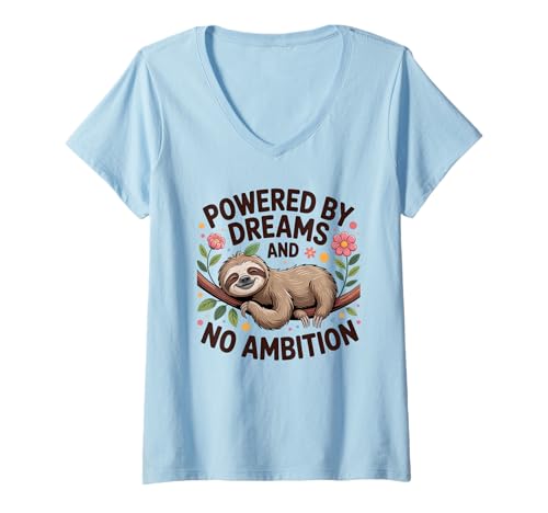 Damen Lustiges Faultier Powered by Dreams No Ambition T-Shirt mit V-Ausschnitt Damen Lustiges Faultier Powered by Dreams No Ambition T-Shirt mit V-Ausschnitt von Sloth Sleep Society for Proud Procrastinators