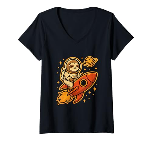 Damen Faultier Astronaut Rakete Lustiges Weltraum-Design T-Shirt mit V-Ausschnitt von Sloth Space Adventure Rocket Animal Apparel