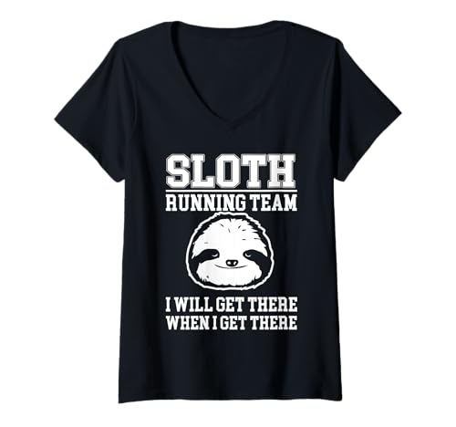 Damen Faultier Running Team, When I Get There Fun Run Gym Workout T-Shirt mit V-Ausschnitt von Sloth Sports Designs