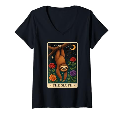 Damen Faultier-Tarot T-Shirt mit V-Ausschnitt Damen Faultier-Tarot T-Shirt mit V-Ausschnitt von Sloth Tarot Design
