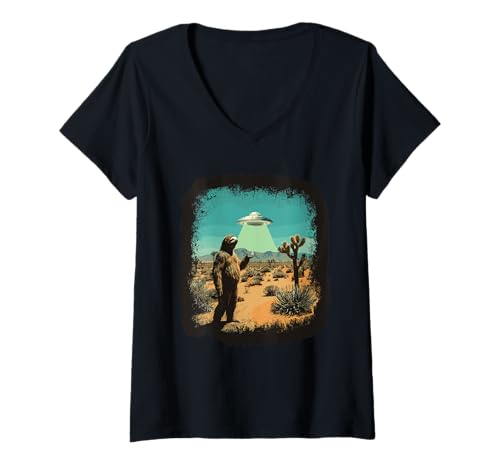 Damen Faultier Letzte Kaffeepause A Sloth's Cosmic Encounter T-Shirt mit V-Ausschnitt Damen Faultier Letzte Kaffeepause A Sloth's Cosmic Encounter T-Shirt mit V-Ausschnitt von Sloth's Desert Adventure An Alien UFO Discovery