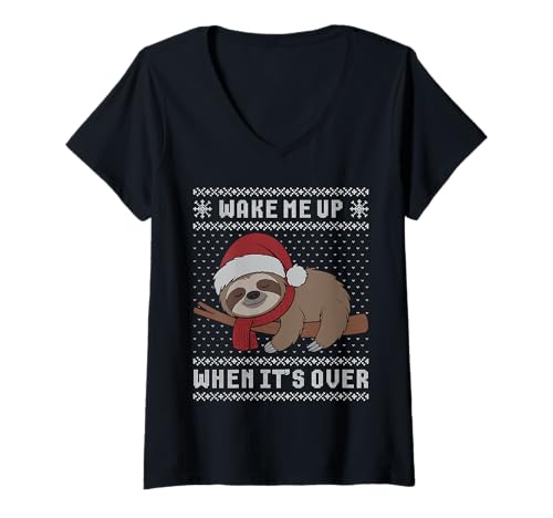 Damen Weck Mich auf, wenn es vorbei ist, hässlicher Faultier-Weihnachtspullover T-Shirt mit V-Ausschnitt von Sloth ugly sweater