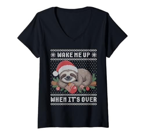 Damen Weck Mich auf, wenn es vorbei ist, hässlicher Faultier-Weihnachtspullover T-Shirt mit V-Ausschnitt von Sloth ugly sweater