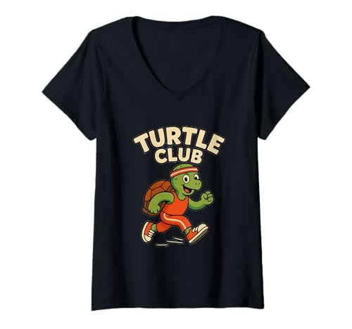 Damen Turtle Club – Lustiges Langsamlauf Schildkröte Marathon Joggen T-Shirt mit V-Ausschnitt von Slow Runner Humor - Zone 2 Runners