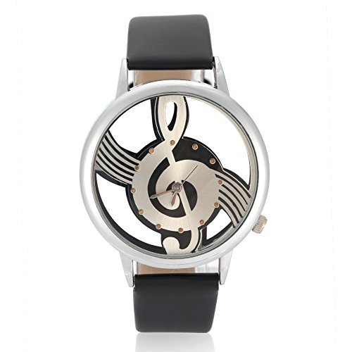 Sluffs 2-Farben-Quarz-Analog-Paaruhr Für Herren, Runde, Hohle Musiknoten-Zifferblatt-Armbanduhr Mit PU-Armband(Schwarz) von Sluffs