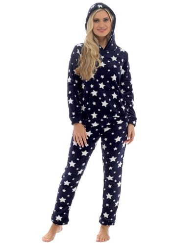 Slumber Hut® Damen-Pyjama aus Fleece, Sternenmuster, luxuriöser Schlafanzug mit Kapuze aus Sherpa oder Rundhalsausschnitt, warmer Winter-Pyjama für Damen, Größe 36 bis 50, Sternendruck (Kapuze) – von Slumber Hut