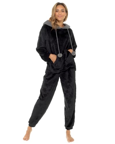 Slumber Hut® Damen-Pyjama aus Fleece, Sternenmuster, luxuriöser Schlafanzug mit Kapuze aus Sherpa oder Rundhalsausschnitt, warmer Winter-Pyjama für Damen, Größe 36 bis 50, Sternprägung – Schwarz, 8-10 von Slumber Hut