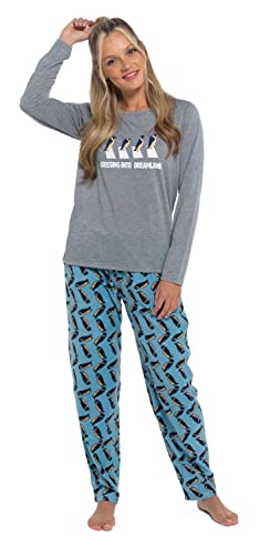 Slumber Hut® Damen-Schlafanzug, Pinguin oder Koalabär, Jersey-Oberteil mit Microfleece-Hose, Tier-Pyjama-Set, Grau mit blauem Pinguin (Erwachsene), Medium von Slumber Hut