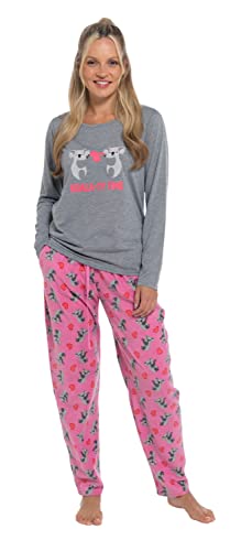 Slumber Hut® Damen-Schlafanzug, Pinguin oder Koalabär, Jersey-Oberteil mit Microfleece-Hose, Tier-Pyjama-Set, Grau mit rosa Koala (Erwachsene), Large von Slumber Hut