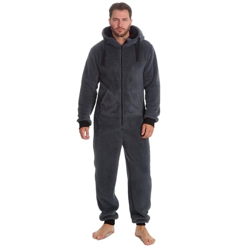 Slumber Hut® Herren Einteiliger Onesie, warm, Fleece, zum Einkuscheln in einem Schlafanzug, Schwarz, Grau, Marineblau, Rot, Größe 44 bis 56, Anthrazitgrau – kuscheliges Fleece, Large / X-Large von Slumber Hut