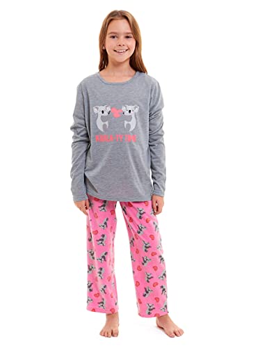 Slumber Hut® Schlafanzug für Mädchen, Pinguin oder Koalabär, Jersey-Oberteil mit Microfleece-Hose, Tier-Pyjama-Set, Grau mit rosa Koala (Kinder), 11-12 Years von Slumber Hut