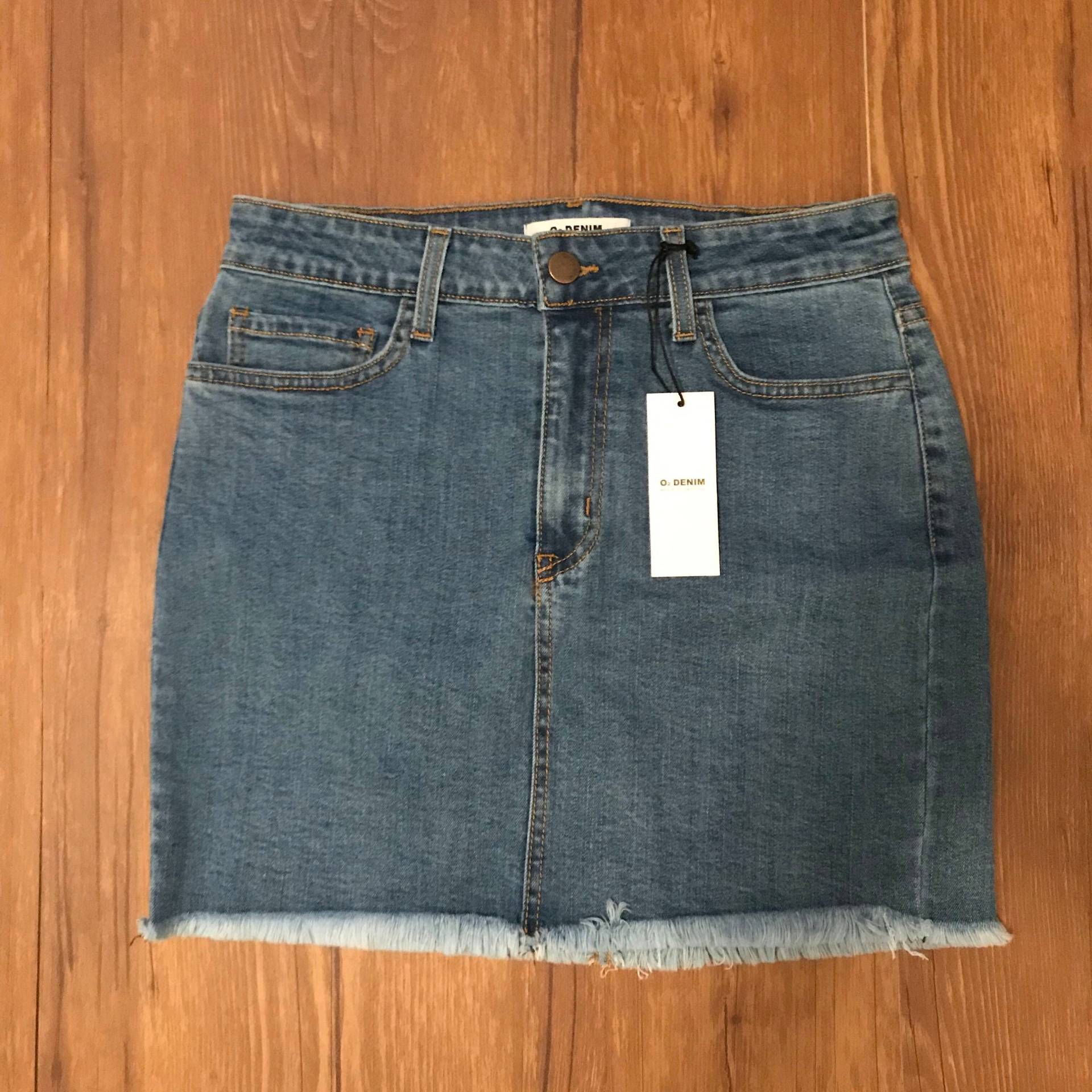 Blue Wash Denim Kurze Jeansrock Mit Fransen | Damen Kleine O2 von SlyFoxThriftShop