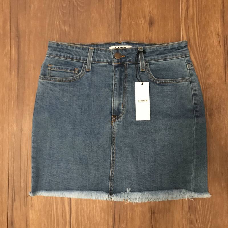 Blue Wash Denim Kurze Jeansrock Mit Fransen | Damen Kleine O2 von SlyFoxThriftShop