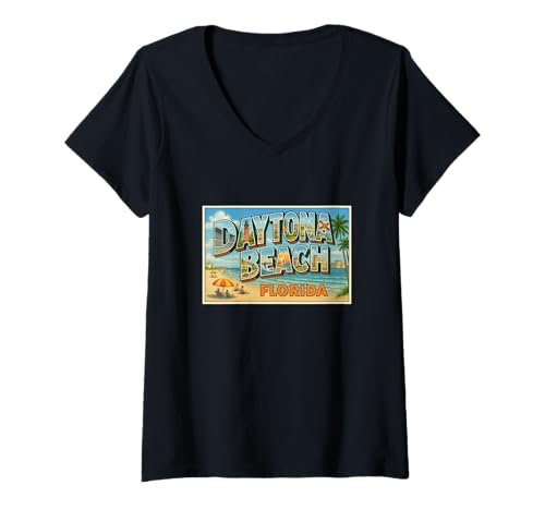 Damen Daytona Beach City Florida Vintage Souvenir Post Art Grafik T-Shirt mit V-Ausschnitt Damen Daytona Beach City Florida Vintage Souvenir Post Art Grafik T-Shirt mit V-Ausschnitt von Small Town Explorers Tees Apparel and Design