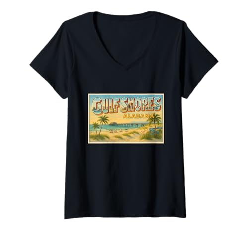 Damen Gulf Shores Alabama Vintage Reise Souvenir Post Art Grafik T-Shirt mit V-Ausschnitt von Small Town Explorers Tees Apparel and Design