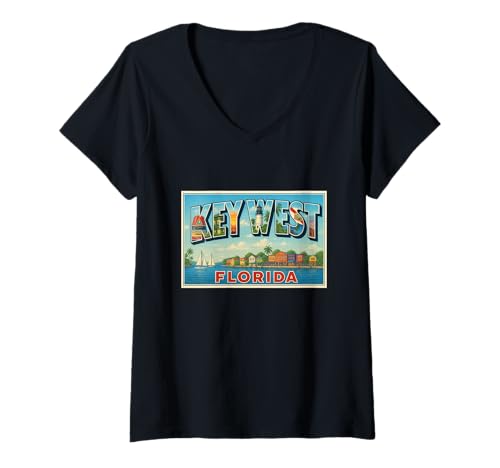 Damen Key West Florida Vintage-Reise-Souvenir-Poster, Kunstgrafik T-Shirt mit V-Ausschnitt Damen Key West Florida Vintage-Reise-Souvenir-Poster, Kunstgrafik T-Shirt mit V-Ausschnitt von Small Town Explorers Tees Apparel and Design