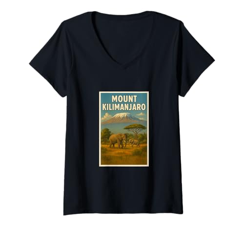 Damen Kilimanjaro Vintage Reise-Souvenir-Poster Kunst Grafik T-Shirt mit V-Ausschnitt Damen Kilimanjaro Vintage Reise-Souvenir-Poster Kunst Grafik T-Shirt mit V-Ausschnitt von Small Town Explorers Tees Apparel and Design
