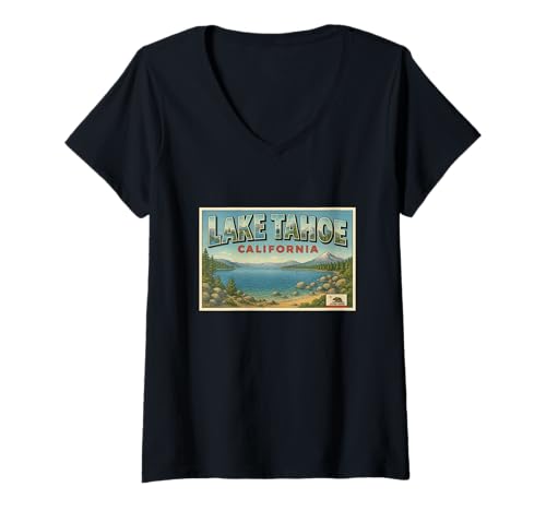 Damen Lake Tahoe California Vintage Trip Souvenir Post Art Grafik T-Shirt mit V-Ausschnitt von Small Town Explorers Tees Apparel and Design