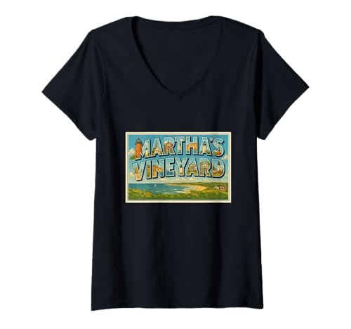Damen Marthas Vineyard Massachusetts Vintage Travel Art Grafik T-Shirt mit V-Ausschnitt von Small Town Explorers Tees Apparel and Design