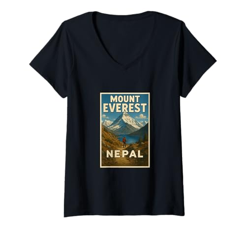 Damen Mount Everest Nepal Vintage Reise Souvenir Post Art Grafik T-Shirt mit V-Ausschnitt Damen Mount Everest Nepal Vintage Reise Souvenir Post Art Grafik T-Shirt mit V-Ausschnitt von Small Town Explorers Tees Apparel and Design