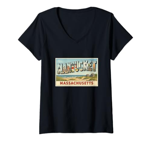 Damen Nantucket Massachusetts Vintage Souvenir Poster Kunst Grafik T-Shirt mit V-Ausschnitt Damen Nantucket Massachusetts Vintage Souvenir Poster Kunst Grafik T-Shirt mit V-Ausschnitt von Small Town Explorers Tees Apparel and Design