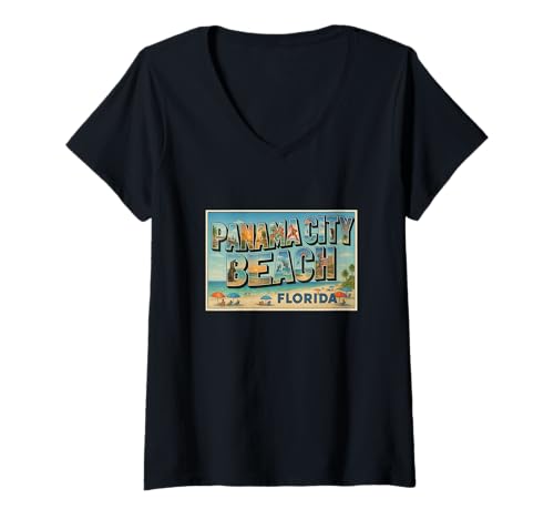 Damen Panama City Beach Florida Vintage Souvenir Post Art Grafik T-Shirt mit V-Ausschnitt Damen Panama City Beach Florida Vintage Souvenir Post Art Grafik T-Shirt mit V-Ausschnitt von Small Town Explorers Tees Apparel and Design