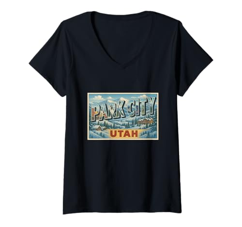 Damen Park City Utah Vintage-Reise-Souvenir-Poster Kunst Grafik T-Shirt mit V-Ausschnitt Damen Park City Utah Vintage-Reise-Souvenir-Poster Kunst Grafik T-Shirt mit V-Ausschnitt von Small Town Explorers Tees Apparel and Design