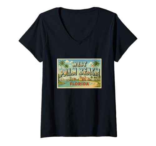 Damen West Palm Beach City Florida Vintage Souvenir Kunst Grafik T-Shirt mit V-Ausschnitt Damen West Palm Beach City Florida Vintage Souvenir Kunst Grafik T-Shirt mit V-Ausschnitt von Small Town Explorers Tees Apparel and Design