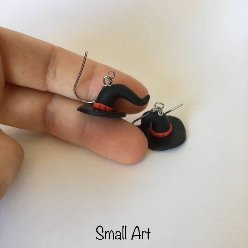 Hypoallergen Ohrringe in Fimo Mit Halloween-Hexe Hut Schwarz Edelstahl Leichte Herbst Kawaii Samhain von SmallArtHandmade