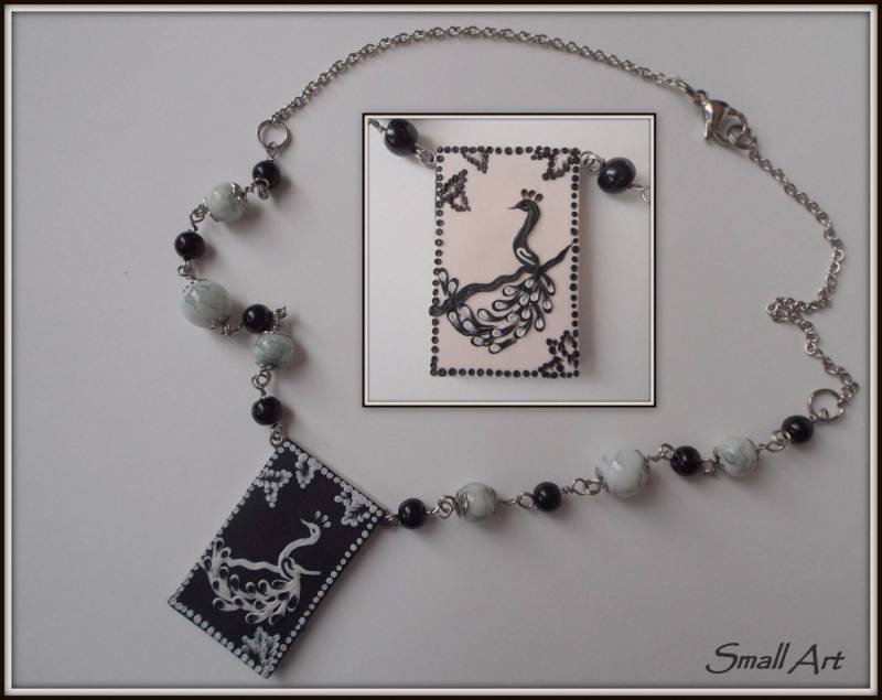 Schwarz/Weiß Reversibel Halskette Mit Pfau-Smallart Smallarthandmade-Negative Wirkung von SmallArtHandmade