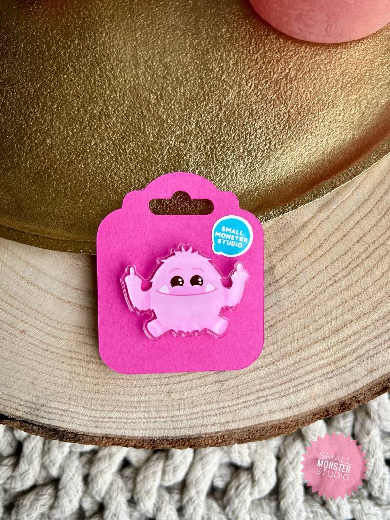 Anstecker Siggimonster Aus Acryl/Pastell Pink Pin Lustiger Monster Button Mittelfinger Statement von SmallMonsterStudio