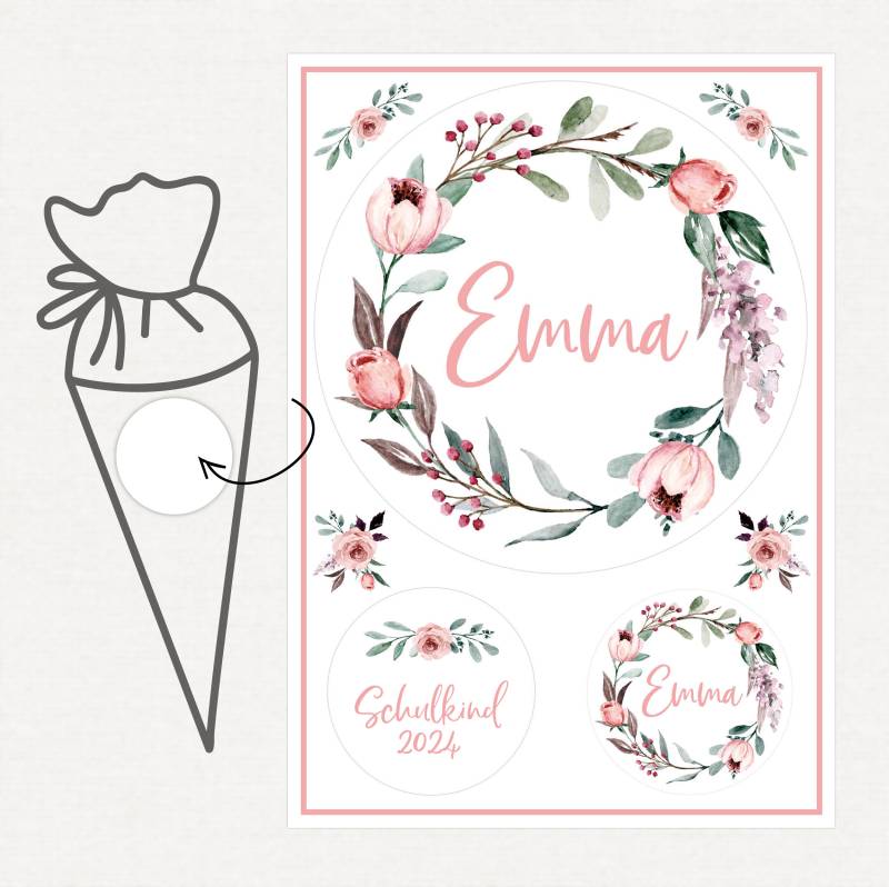 Applikation Aufnäher Schultüte Personalisiert Mit Name, Blumenkranz von SmallTreasuresDE